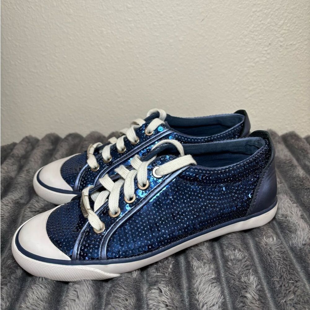 Coach Women's EUC Navy Blue Sequin Sneakers with Navy Leather & white trim. Sz 6 - Picture 5 of 13